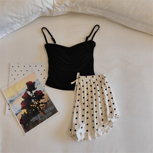 两件套带胸垫家居服 莫代尔棉荡领睡衣女性感纯欲吊带短裤 夏季 新款