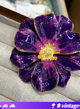 青岛中古素金滴釉珐琅紫色花朵胸针复古文艺气质vintage简约胸花