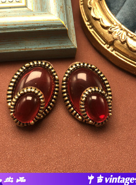 中古vintage港风椭圆小众红色琉璃立体感百搭简约时尚耳饰耳钉女