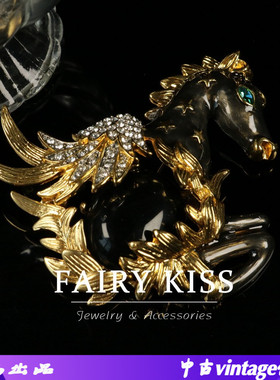 中古胸针珐琅镶钻镀真金黑色天马复古马头胸饰轻奢重工大气别针