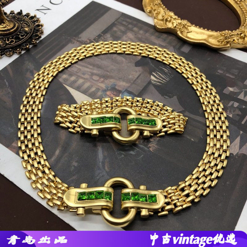 西洋中古镶钻重工马蹄扣宽链几何造型手链锁骨链高级感设计饰品