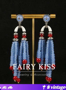中古新款蓝色米珠手工串珠珐琅流苏镶钻耳环扫肩长款百搭气质耳坠
