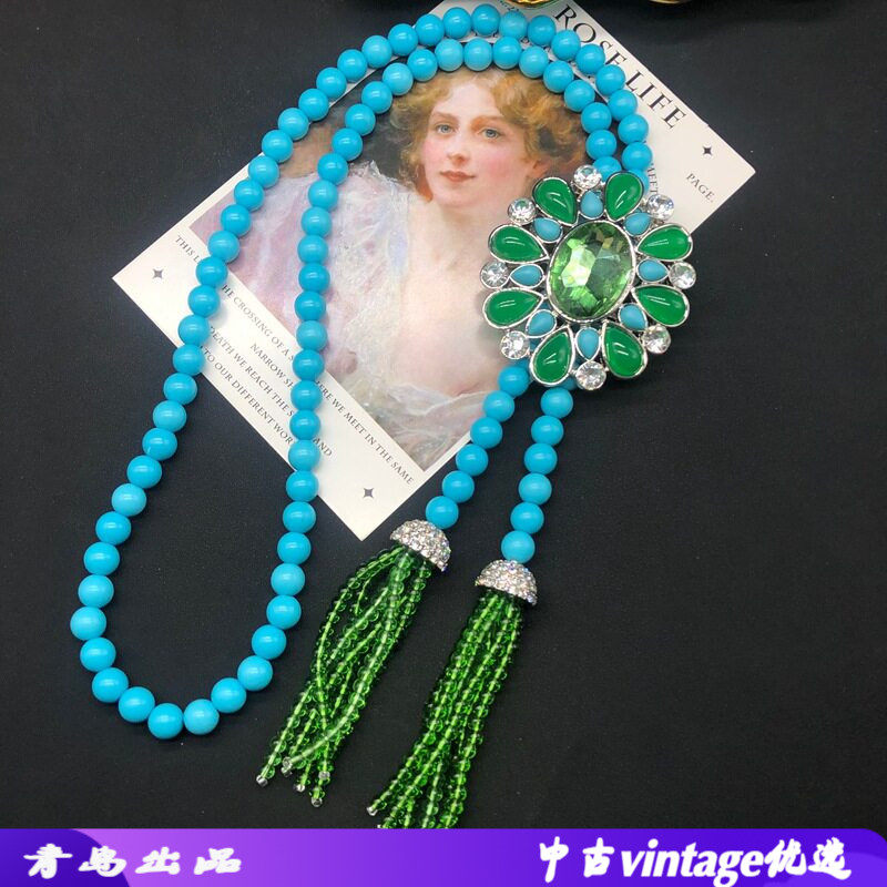 中古风项链高级设计感绿松石镶钻