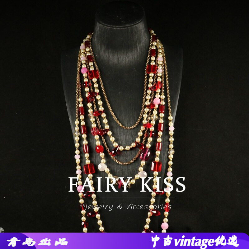 宫廷风长款多层红色琉璃珍珠链奢华大气毛衣链复古气质设计感项链
