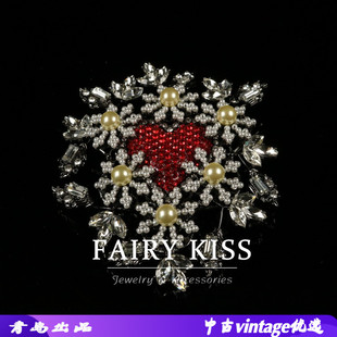 奢华雪花红色爱心 中古新款 镶嵌珍珠锆石米粒珠精美胸花大气胸针