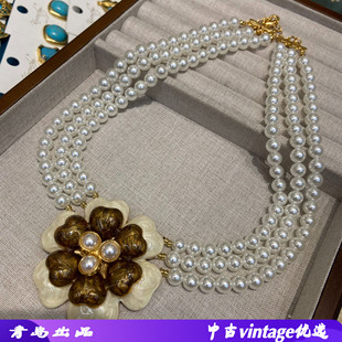 中古风vintag滴油撞色山茶花多层珍珠项链高端走优雅高级锁骨链女
