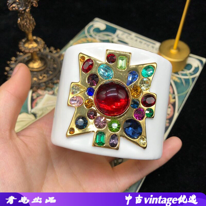 欧美重工西洋中古白色珐琅釉红宝
