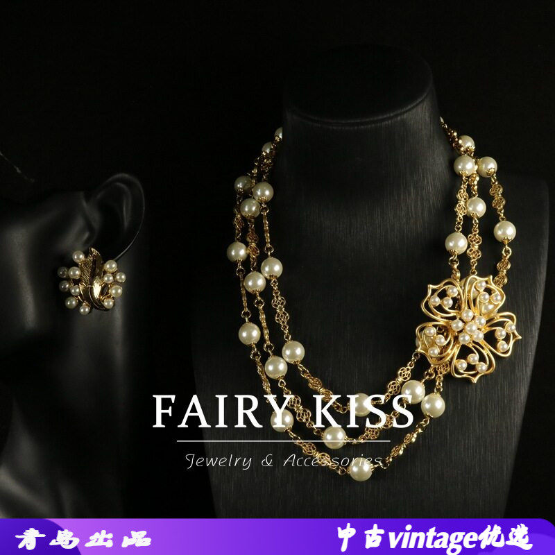 宫廷风复古镂空花朵珍珠项链耳环套装简约时尚毛衣链多层高级感