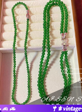 项链耳钉 中古绿色双层叠戴项链 宫廷风知性温婉串珠项链耳钉套装