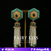 中古项链耳环套装 彩色滴釉珐琅拼色几何镶钻镀真金女款 长流苏耳饰