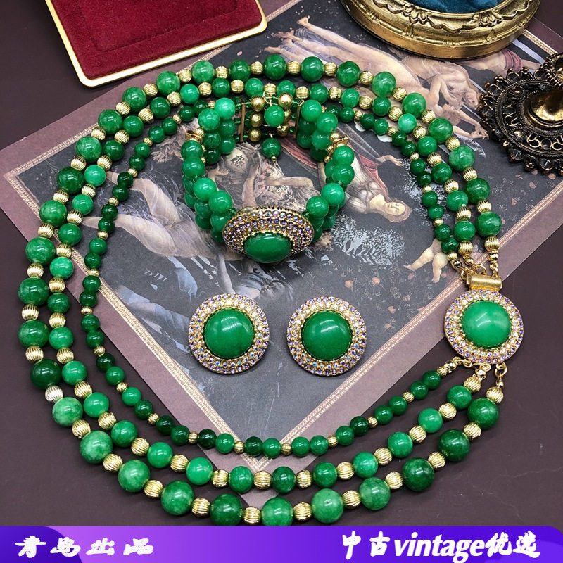 西洋中古风绿色草莓晶石头珠串珠镶钻项链耳钉耳夹可调节手链套装