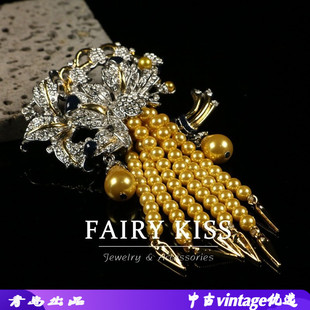 中古胸针金色水滴珍珠流苏坠黑色珐琅镶钻大气复古花朵胸饰铜材