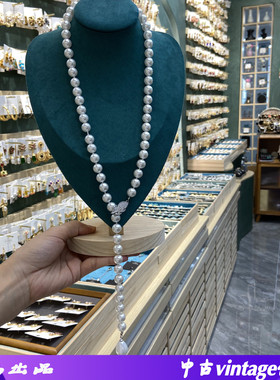 抖音新品Y形白色10mm施家珠项链摇儿链锆石叶子扣可调节珍珠项链