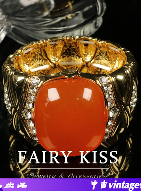 中古新款高档重工大气国风玛瑙镀真金手镯个性橙色女耳饰活口戒指