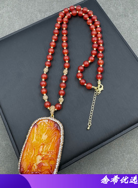新款二代蜜蜡项链山水图腾吊坠新