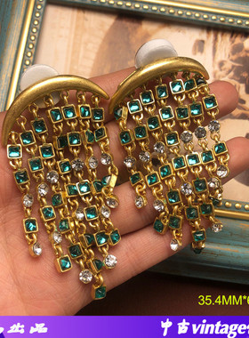 中古风饰品镀真金绿色宝石流苏耳环长款扫肩耳饰个性气质百搭耳坠