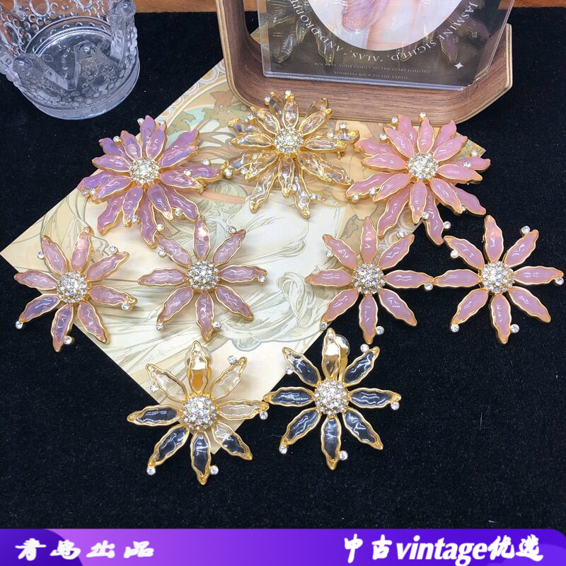 中古重工彩色花朵胸花耳环高级设