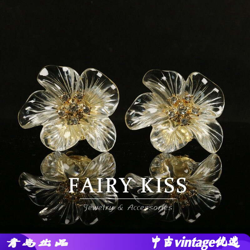 中古高级感透明花朵耳夹冰感镶钻