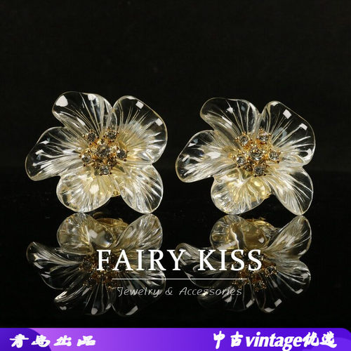 中古高级感透明花朵耳夹冰感镶钻