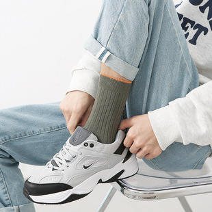 男士 袜 纯色双针竖条纹棉袜 休闲吸汗透气士中筒袜子 秋冬新品