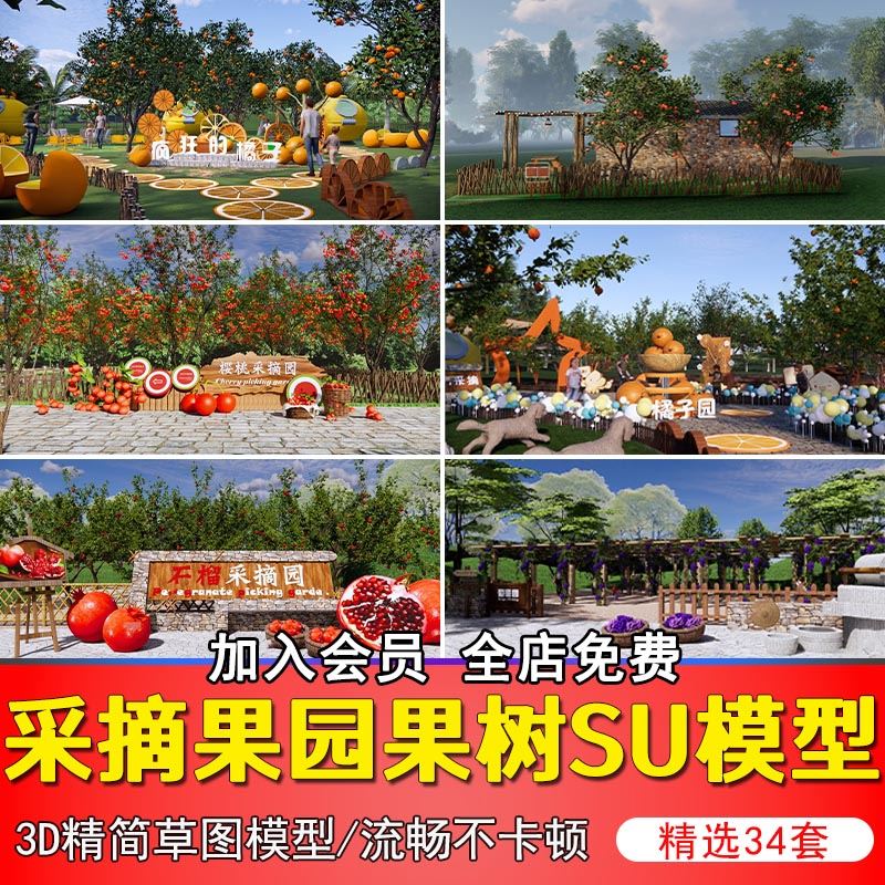 水果采摘园果树SU模型合集水果橘子苹果石榴葡萄等植物草图模型库