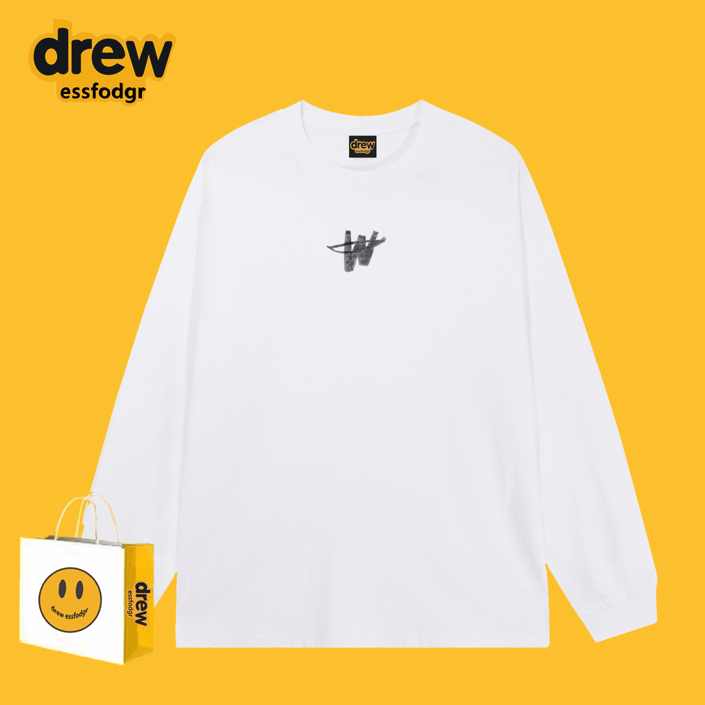 Drew美式潮牌w字母印花长袖T恤男女宽松休闲纯棉情侣装上衣打底衫