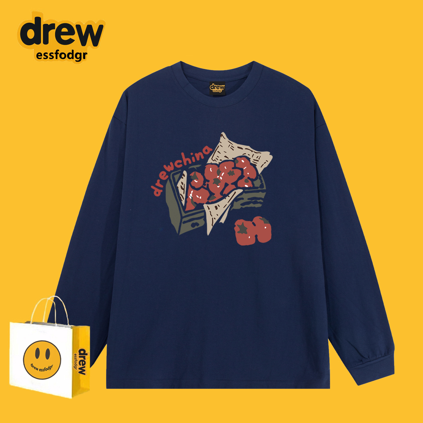 Drew美式潮牌番茄涂鸦印花长袖衫