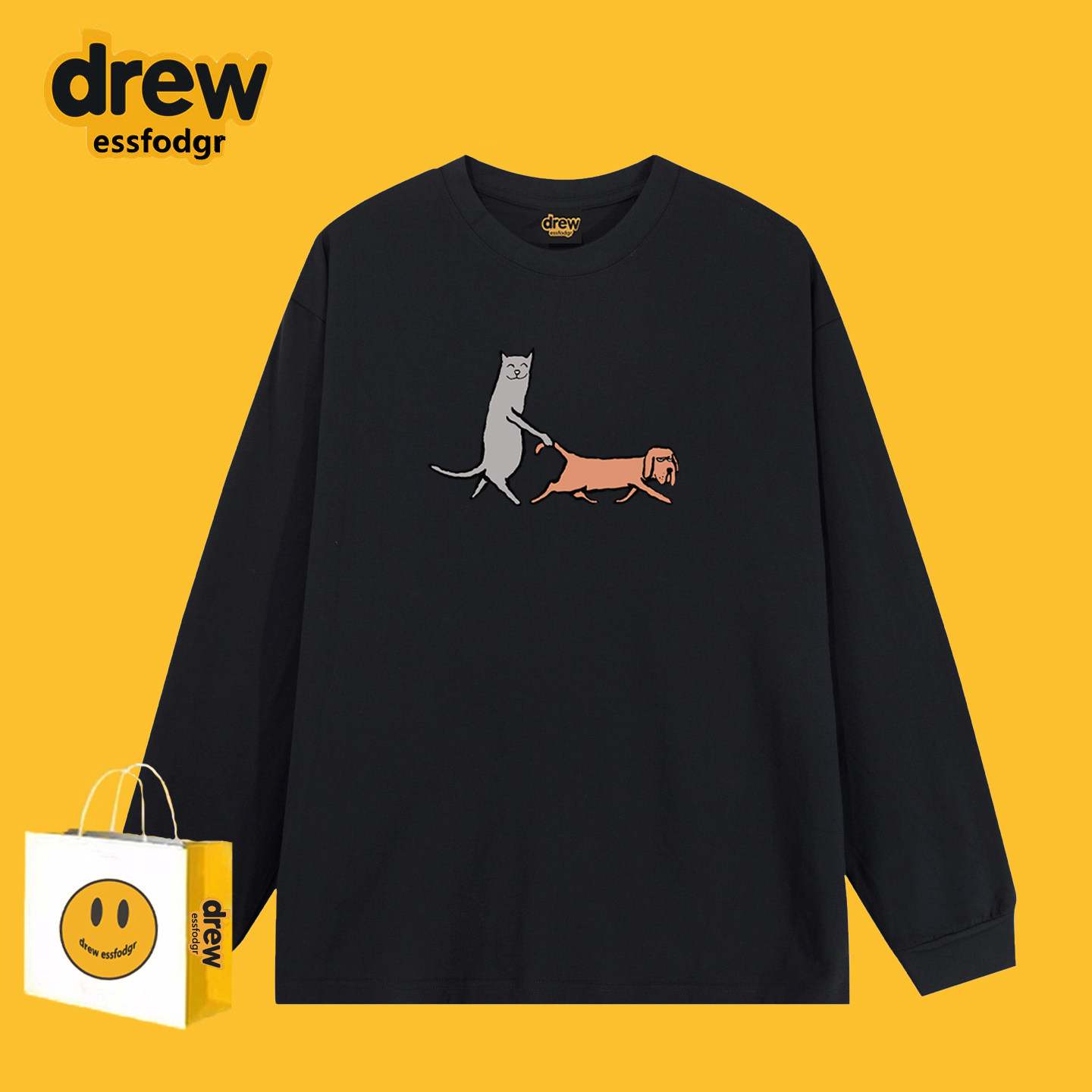 Drew美式潮牌趣味卡通狗狗印花重磅长袖T恤男女宽松休闲打底衫ins