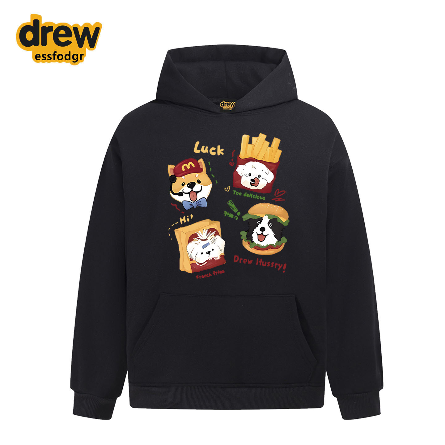 Drew美式潮牌趣味汉堡薯条小狗印花连帽卫衣男女休闲宽松情侣外套