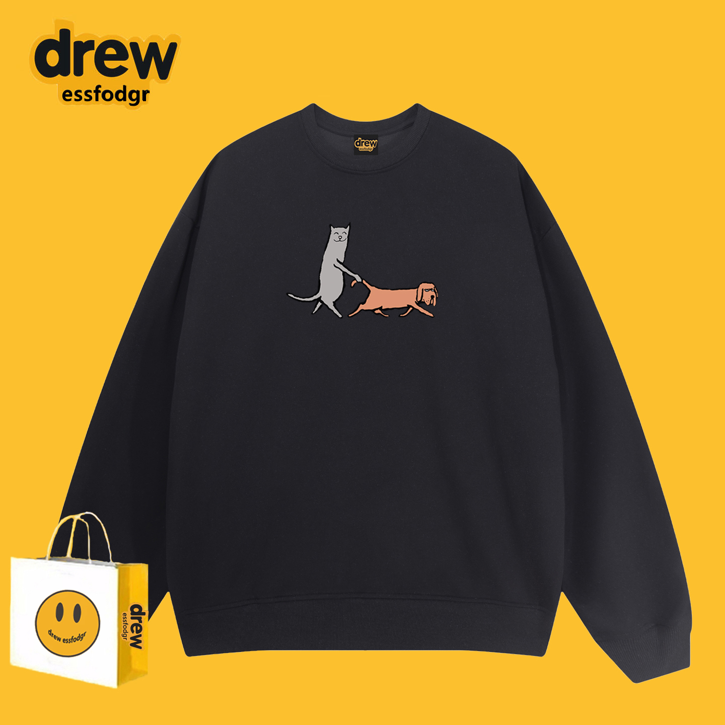 Drew潮牌卡通狗狗印花圆领卫衣