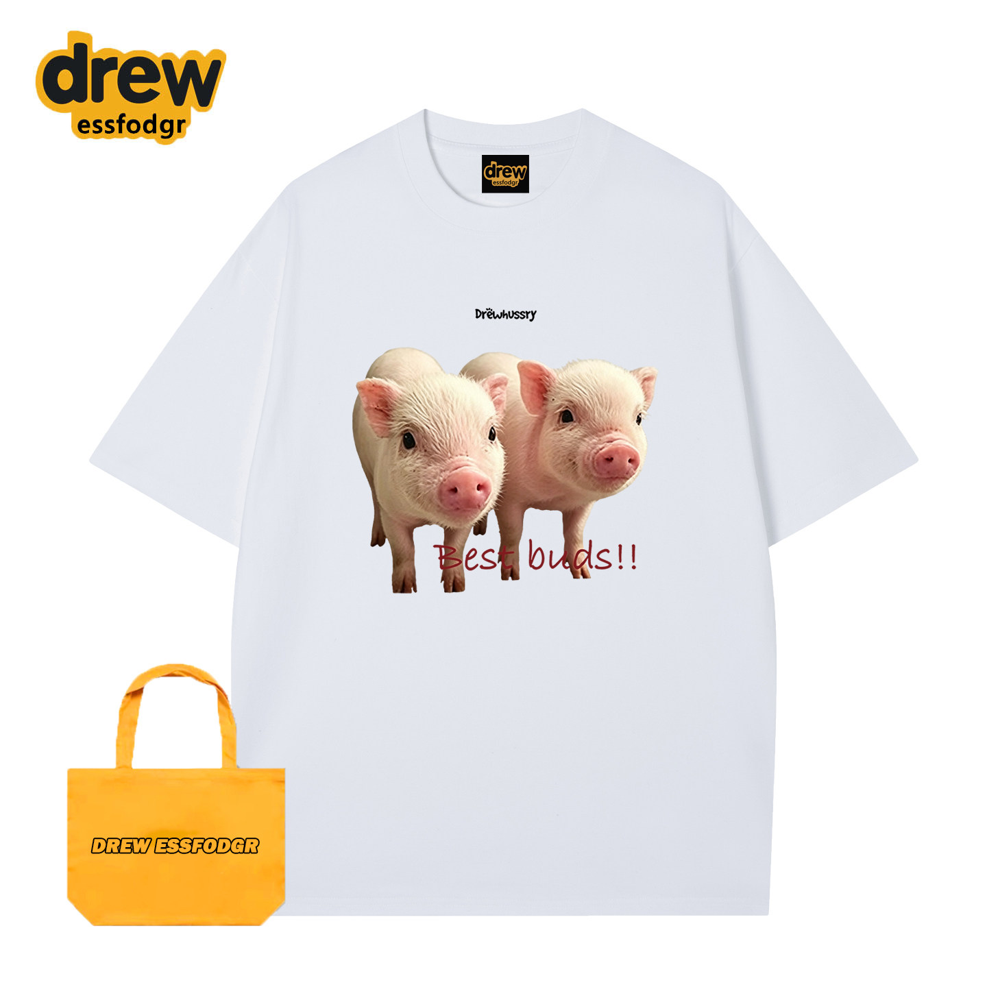 DREW ESSFODGR美式卡通小香猪印花短袖T恤男女宽松百搭情侣上衣夏