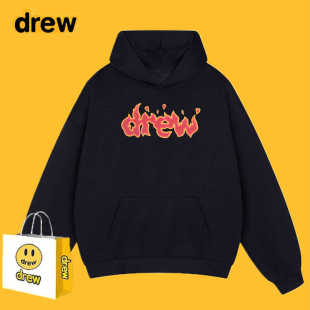 Drew笑脸字母火焰连帽卫衣男女秋冬美式高街潮牌宽松情侣加绒外套