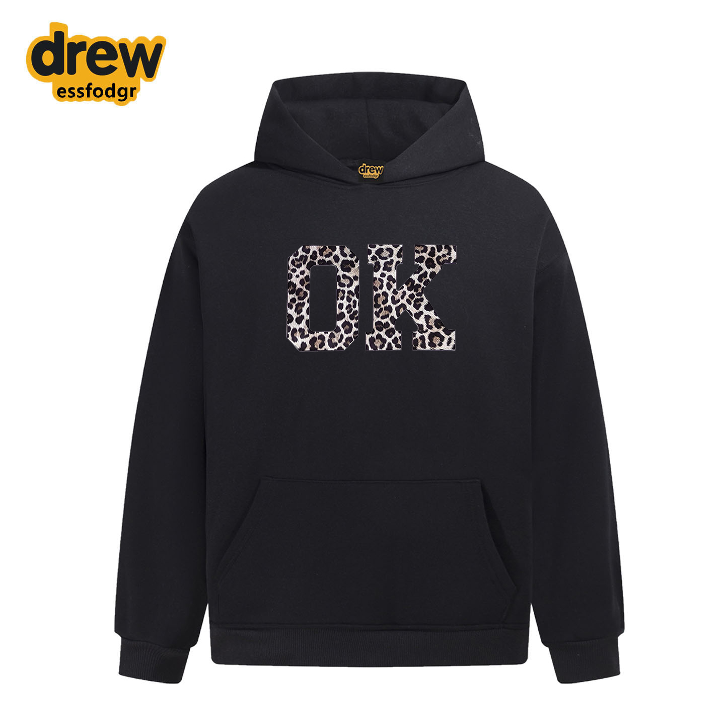 Drew美式复古豹纹字母连帽衫卫衣