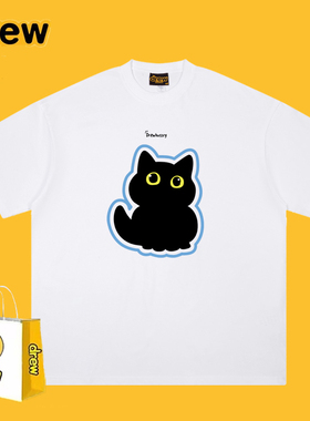 Drew美式潮牌卡通黑色猫咪印花短袖T恤男女休闲宽松百搭情侣上衣