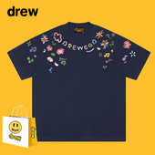 Drew美式 潮牌设计感涂鸦花卉印花短袖 t恤男女街头宽松情侣上衣ins
