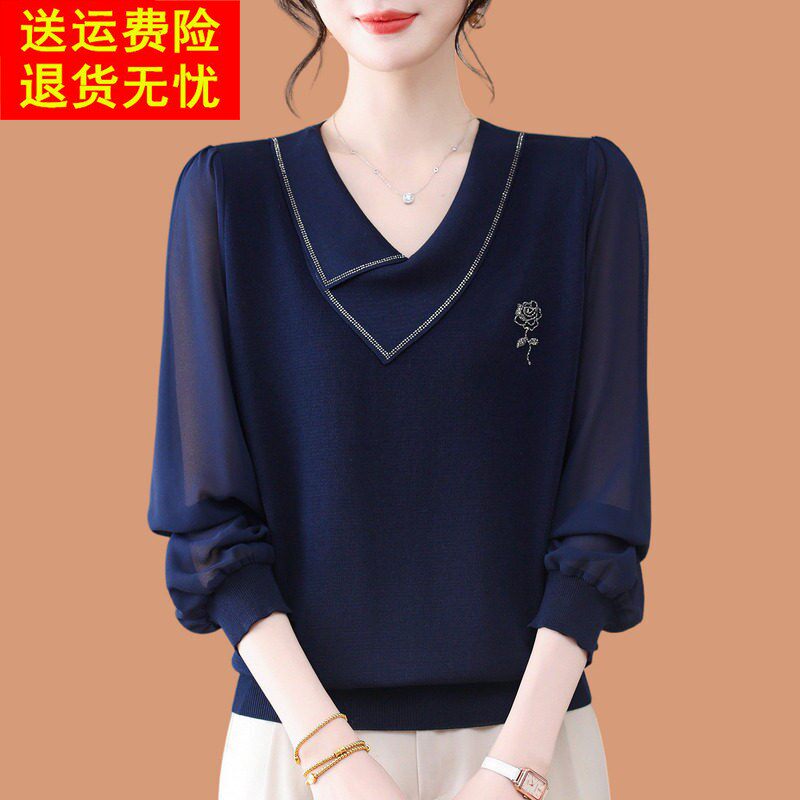v领冰丝针织衫长袖t恤女2026新款洋气妈妈薄款烫钻桑蚕丝纱袖上衣