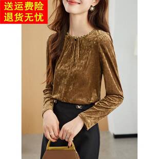 2026新款法式经典圆领金丝绒T恤春装宽松时尚复古打底衫上衣女装