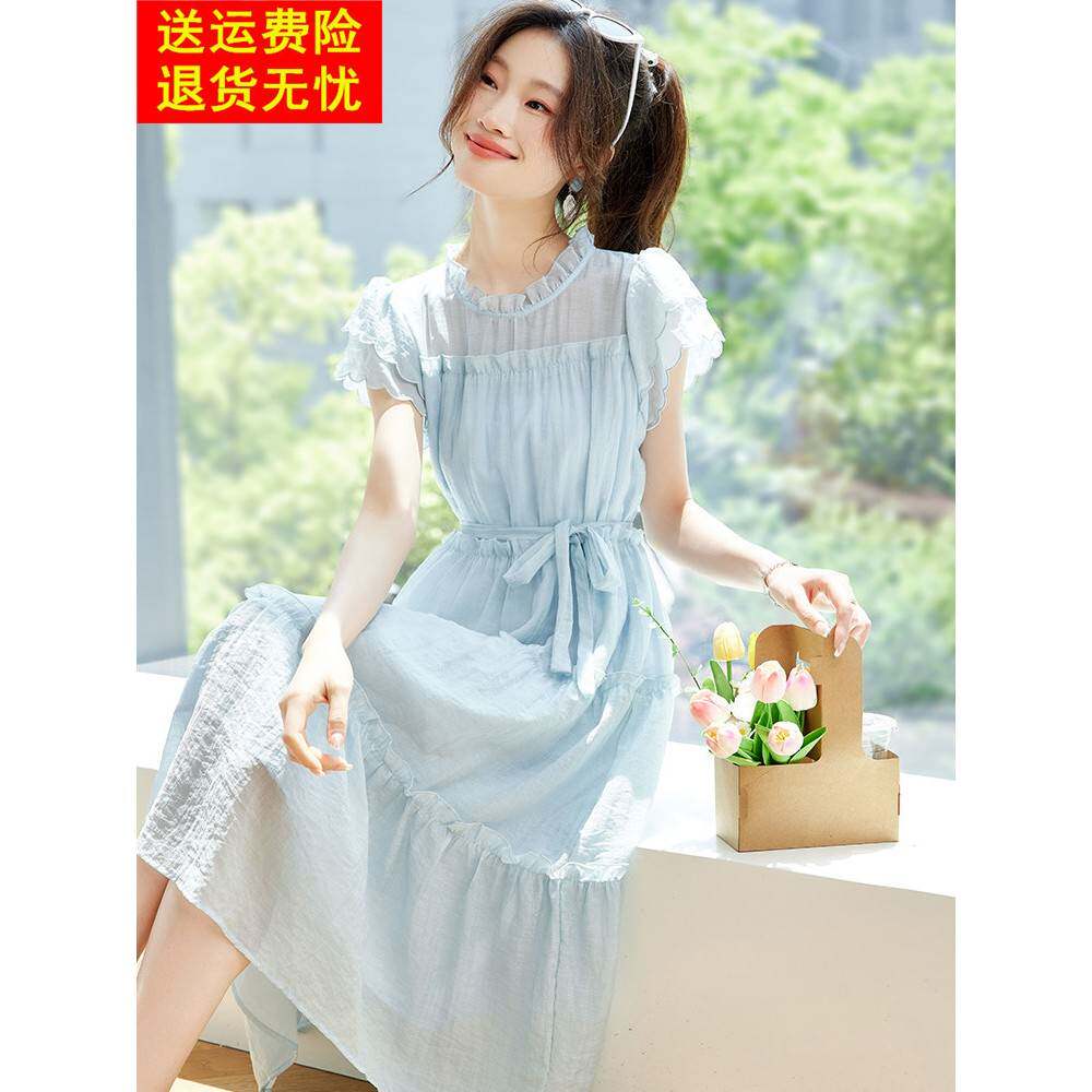 法式木耳边雪纺连衣裙女2025新款夏季小众不撞款系带收腰显瘦裙子