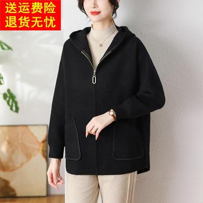 爆款连帽双面羊绒外套女春秋胖mm加肥加大码200斤高级感毛呢外套