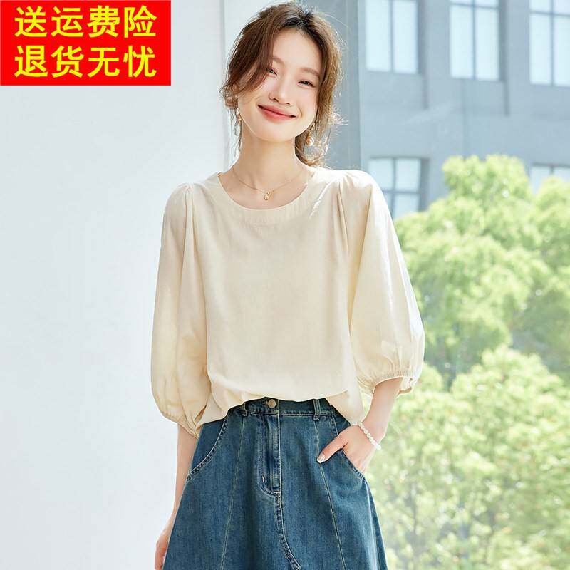 2026夏季新款洋气时尚圆领泡泡袖上衣女夏日漂亮中袖t恤棉麻小衫