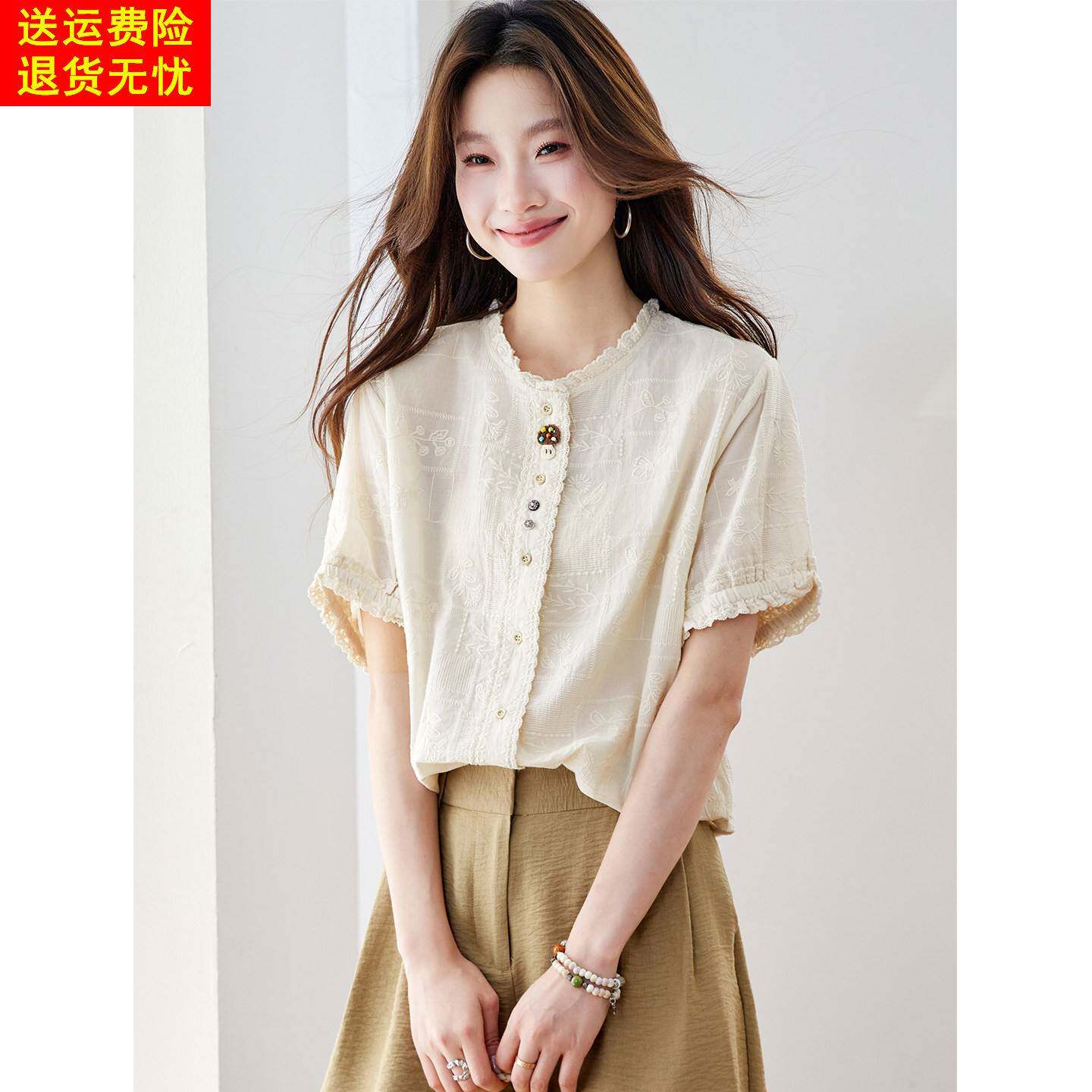 法式重工刺绣纯棉圆领短袖衬衫女2026夏季新款独特超好看宽松上衣
