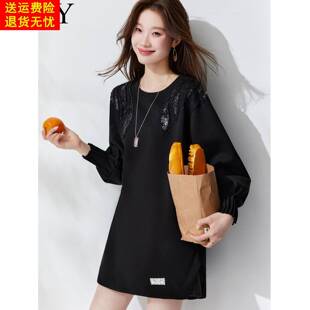 2026初春新款黑色刺绣中长款遮屁股卫衣休闲慵懒时尚宽松上衣女装