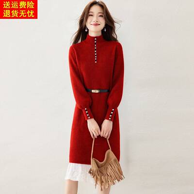 高端针织长袖连衣裙女秋冬半高领中长款收腰显瘦拼接蕾丝打底裙子