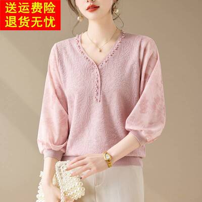 中老年女装春秋洋气韩版上衣薄高贵妈妈春夏针织纱袖小衫2025新款