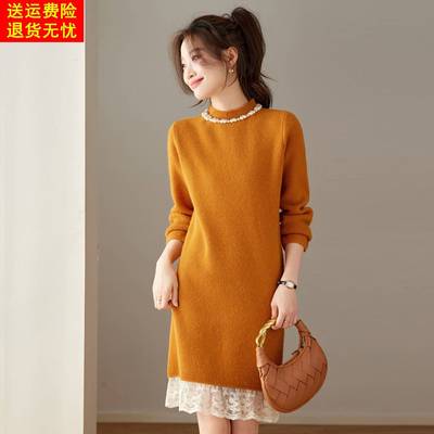 小个子减龄蕾丝拼接针织连衣裙秋冬加厚钉珠高级感半高领毛衣裙潮