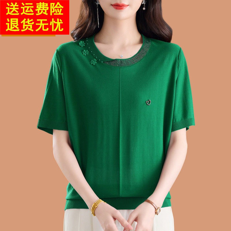 桑蚕丝短袖t恤女2026新款女装夏薄款妈妈冰丝针织衫花朵烫钻上衣