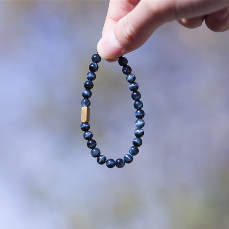 言午原创 天然无优化蓝虎眼石圆珠手链虎晴石手串猫眼男女情侣款