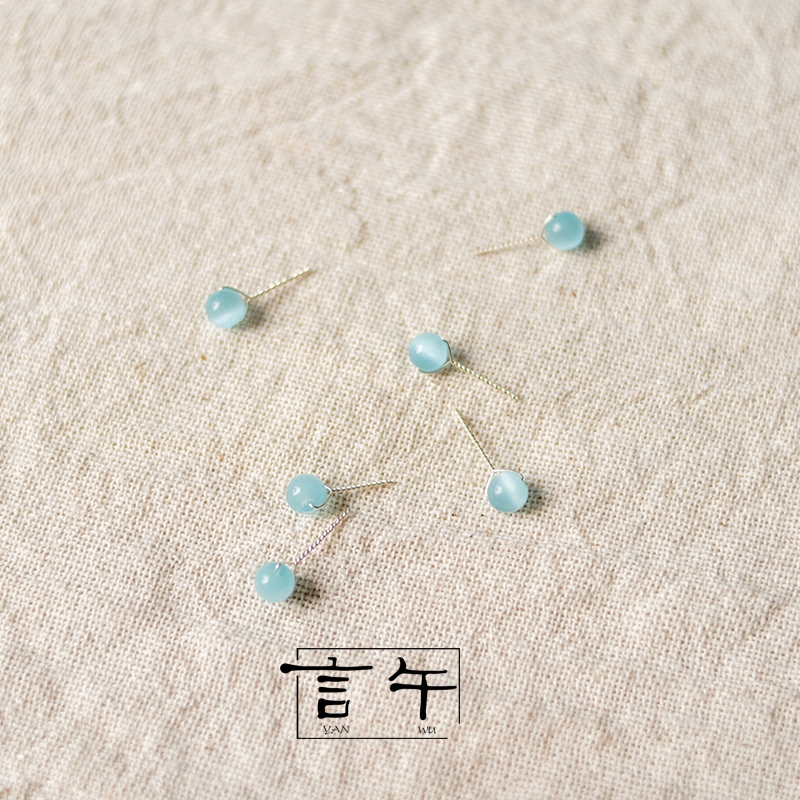 言午木创手工99纯银耳钉猫眼石