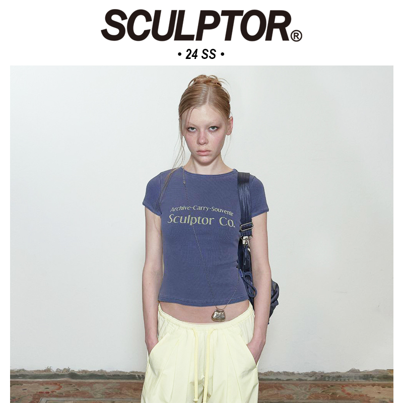 现货SCULPTOR 24春夏新款修身显瘦正肩T恤女短袖辣妹露脐韩国代购