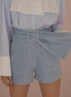 秒发MY ROMANCHIC20春夏韩国代购可拆卸腰封修身高腰百搭牛仔短裤